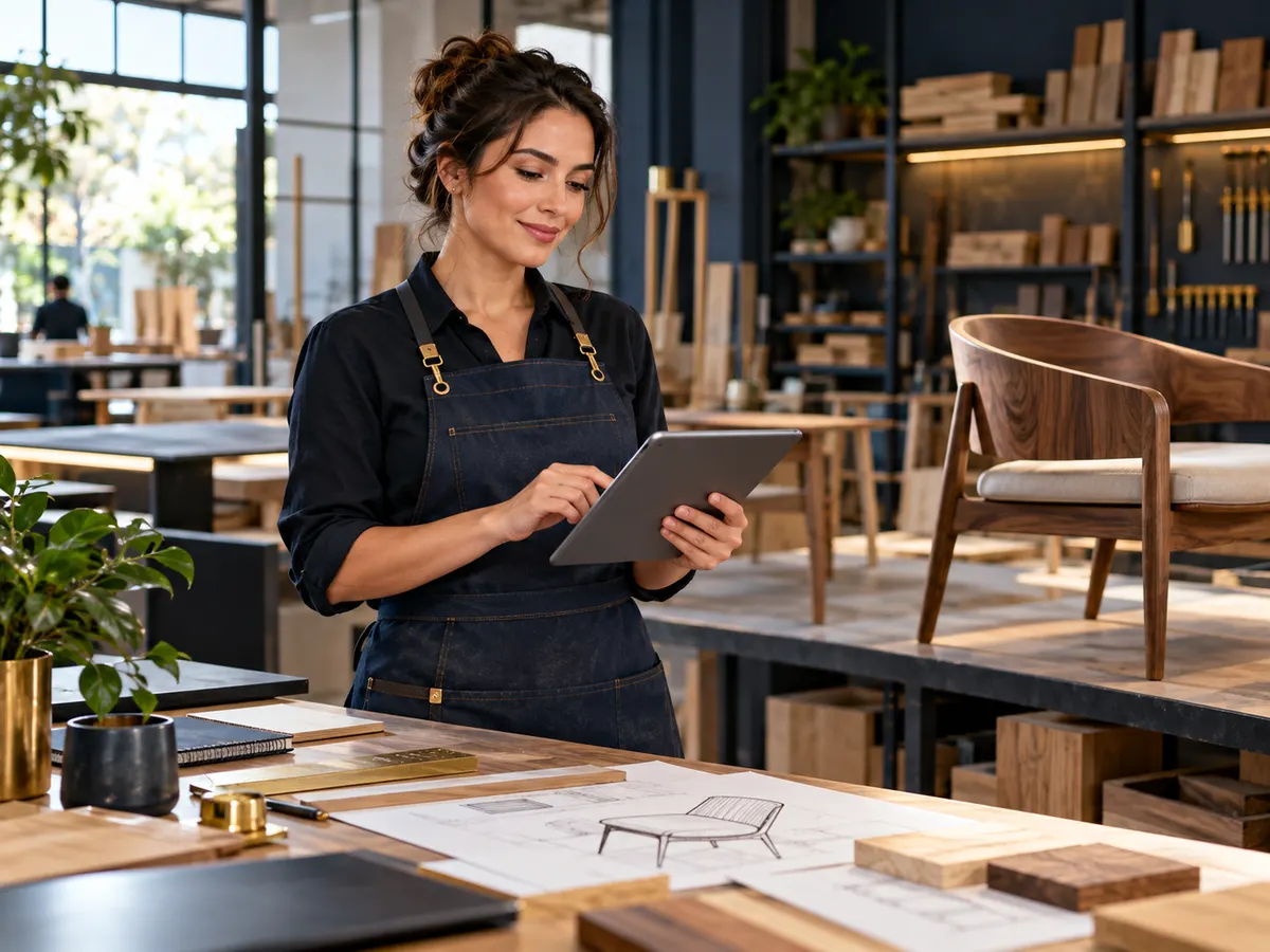 Emprendedora revisando su solicitud en una tableta dentro de su taller de muebles